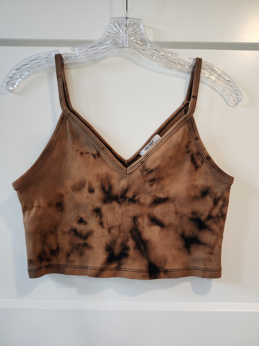 Zara Brown and Black Tie-Dye Ribbed V-Neck Crop Top